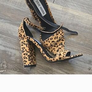 Steve Madden Leopard Print Calf Hair Block Heel Sandals Ankle Strap Womens 7